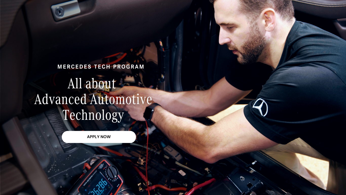 Mercedes Benz technician working on car. Mercedes Tech Program. All About Automotive Technology